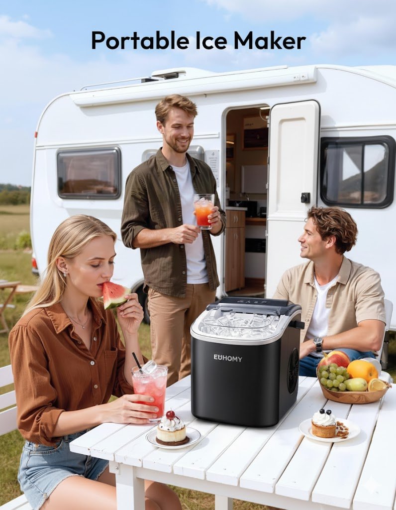  EUHOMY Countertop Ice Maker Machine with Handle, 25.5lbs in 24Hrs, 9 Ice Cubes Ready in 6 Mins, Self-Cleaning Portable Ice Maker with Basket and Scoop, for Kitchen/Home/Camping/RV. (Black) 