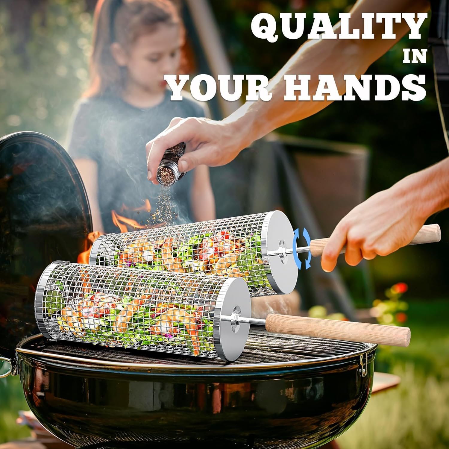  Rolling Grill Basket, Removable Wooden Handle, 304 Stainless Steel, Nesting BBQ Tools, Smoker Grilling Accessories for Vegetable, Outdoor Cooking Camping, Birthday Gifts for Men Dad Husband 