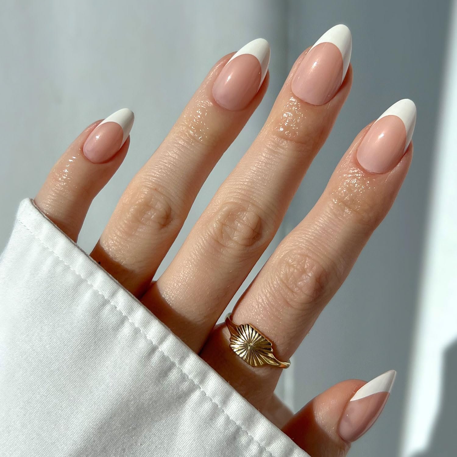 Glamnetic Press On Nails - MaDamn | French Tip UV Finish Short Pointed Almond Fake Nails, Salon Quality Semi-Transparent Nails in 12 Sizes - 24 Nail Kit...