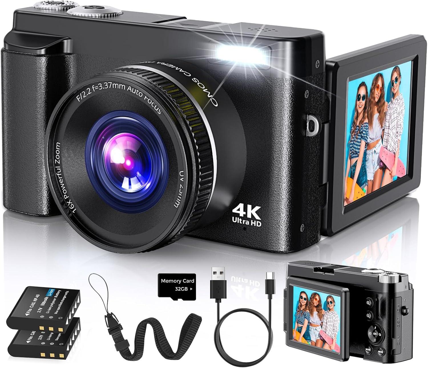 Duluvulu 4K Digital Camera for Photography Autofocus, 2026 Latest 48MP Vlogging Camera for YouTube with SD Card, 2 Batteries, 3" 180°Flip Screen Compact Travel Camera for Teens with 16X Zoom,Black