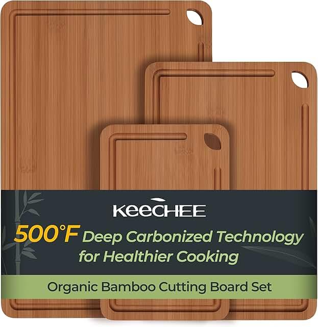 Keechee Bamboo Cutting Board, Durable Wood Cutting Boards for Kitchen with Deep Juice Grooves & Built-in Handles, Ideal Charcuterie & Chopping for Meat, Vegetables and Fruits Ideal Kitchen Gifts