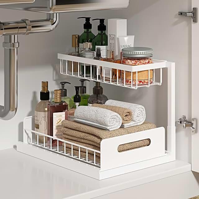 REALINN Under Sink Organizer, Pull Out Cabinet Organizer 2 Tier Slide Out Sink Shelf Cabinet Storage Shelves, Under Sink Storage for Kitchen Bathroom Cabinet, White, 1 Pack | Slide Out Sink Shelf Cabinet Storage Shelves, Under Sink Storage for Kitchen Bat
