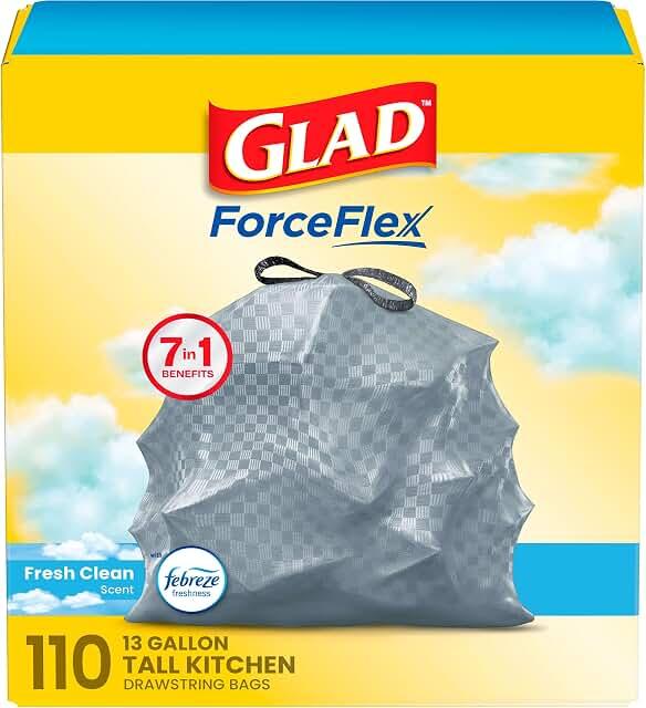 Glad Tall Kitchen Drawstring Trash Bags - Odorshield 13 Gallon White Trash Bag, Febreze Fresh Clean, 110 Count | Febreze Freshness, Rip and Tear Resistant, Fresh Clean Scented Garbage Bags, Household Essentials